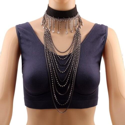 Florate Statement Tear Drop Crystal Pendant Choker Necklace Women Design Chunky Chain Collar Ribbon Bib Multi Layers Necklace