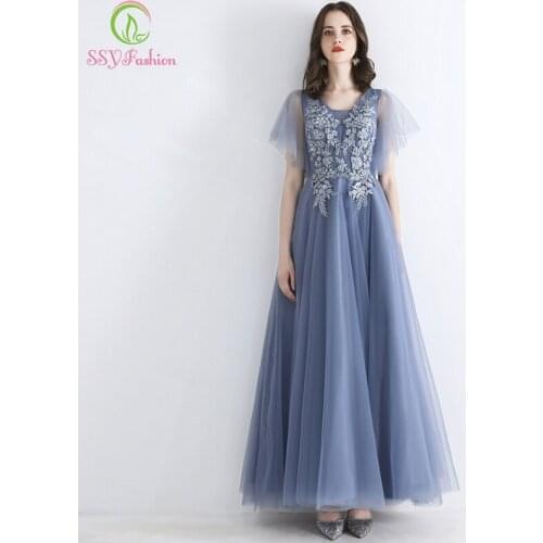 SSYFashion New Formal Dresses Evening Gown Lace Appliques Beading Grey Blue Floor-length Party Dresses Custom Robe De Soiree