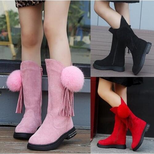 2019 Pink Winter Fashion Rubber Boots For Girls Tassels Long Kids Boots Children Knee-high Warm Cotton Soft Back-tied 27-37