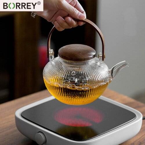 BORREY Thick Stripes TeaPot Heat Resistant Glass Wood Handle Can Be Heated Electric Pottery Stove To Make Open Fame Teapot750ML
