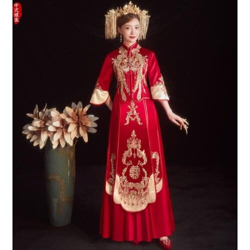 Sequins Embroidery Beading Tassle Cheongsam Traditional Chinese Couple Wedding Suit Elegant Bride Marry Dress китайская одежда
