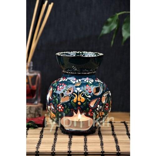 Decorative Handmade Basement Motif Gift Ceramic Censer 14 Cm Large Size Dark Green