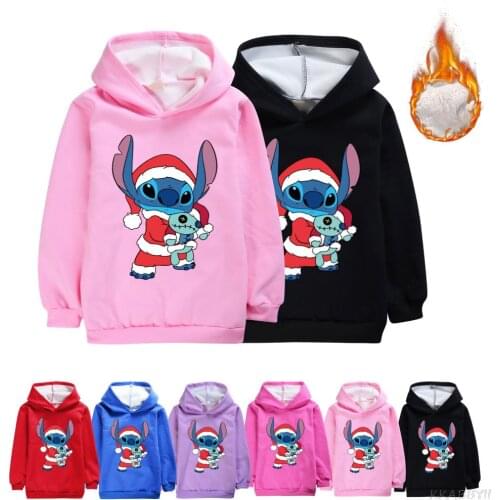 Disney Stitch Hoodies Kids Jacket with Wool Liner Boys Coat Thicken Hooded Fur Baby Girl Outwear