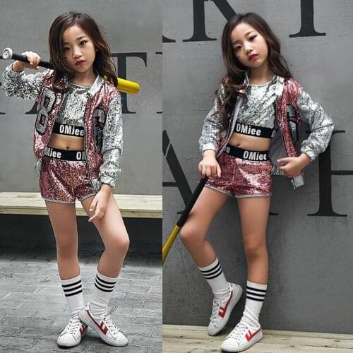 1 set Girls Ballroom Modern Jazz Dance wear costumes Kids Sequined Hip Hop Party show clothes Adult Dancing Costumes Outfits