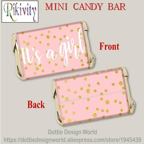 Pink Gold Its a Girl Baby Shower Mini Candy Bar Label wrapper Stickers Chocolate Wine Water bottle Labels Birthday decoration