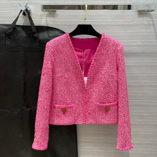 Brand Short Coat Luxury for Women 2021 Early Spring New Woven Woolen Rose Coats Office-lady High-end Long Sleeve V-neck Jacket