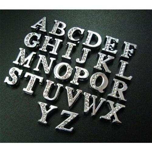 Silver Half Rhinestone A-Z Slide Letters Slide Charms Beads DIY Accessories 8mm Handmade Bracelets Necklace Pendant Pet Collar
