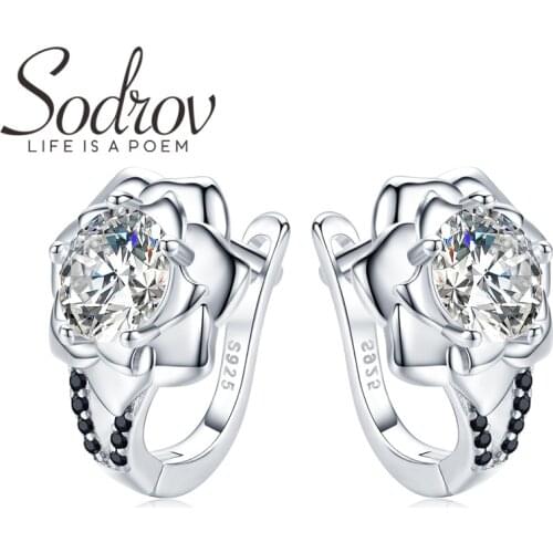 2020 Sodrov 925 Sterling Silver Round Black Trendy Spinel Engagement Flower Hoop Earrings for Women Fine Jewelry Bijoux I152