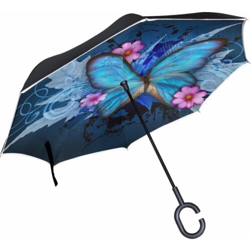 C-Hook Windproof Butterfly over Flowers Reverse Umbrella Long Shank Inverted Double Layer Creative Self Stand Rain Umbrella