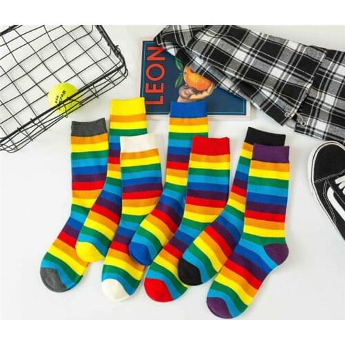 Womens socks 1 long tube rainbow striped calf socks womens socks cotton comfortable and breathable without fading new