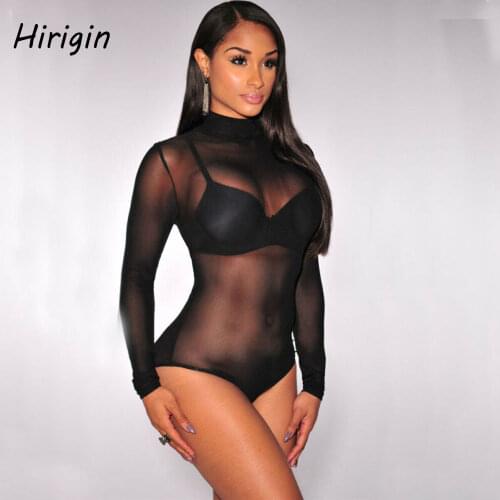 Women sexy mesh see through bodysuit 2020 spring autumn one-piece blouses slim fit bodysuit perspective Turtleneck basic shirts
