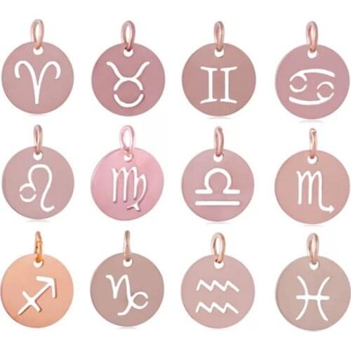 5Pcs/Lot Rose Gold Zodiac Charm Stainless Steel Material Popular Bracelet Pendants Twelve Constellations DIY Jewelry Pendant