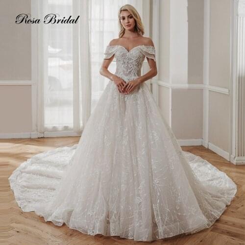 Rosabridal heavy beading double lotus off shoulder elegant tail ball gown