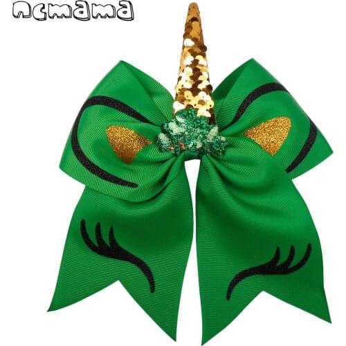 Ncmama Hair Accessories Hair Bows for Girls Green Cheer Bows with Gold Sequin Unicorn Hairgrips 7" Large Ribbon Hairbows Clips