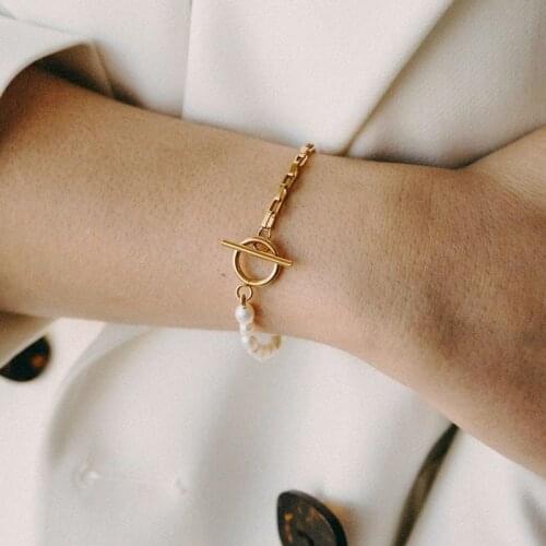 Women punk stainless steel chain bracelet high quality natural pearls with ladies summer fashion arm jewelry wholesale gifts