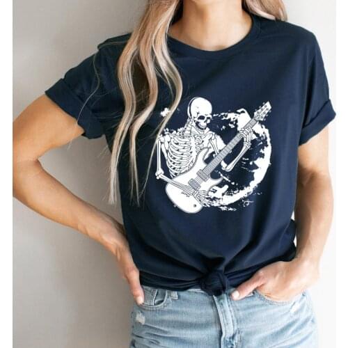 Skeleton Playing Guitar T-shirt Gothic Summer Short Sleeve Hipster Skull Tee Shirt Top Funny Womem Graphic Rocker Tshirt