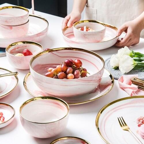 Pink Gray Marble Ceramic Dinner Dish Plate Rice Salad Noodles Bowl Soup Plates Dinnerware Home Tableware Kitchen Cooking Tools