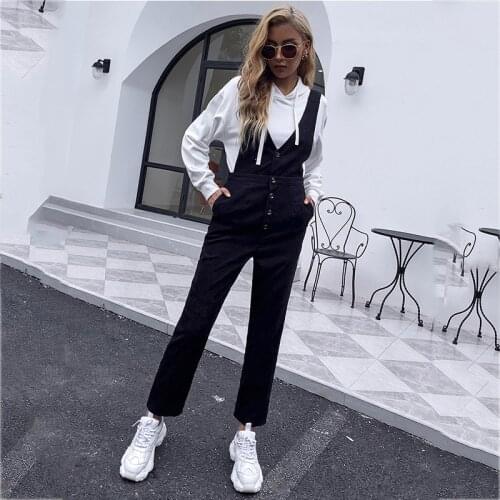 Foridol Casual Button Sleeveless Black Autumn Winter Corduroy Jumpsuit Women Straight Office Ladies Femme Overalls Long Pants