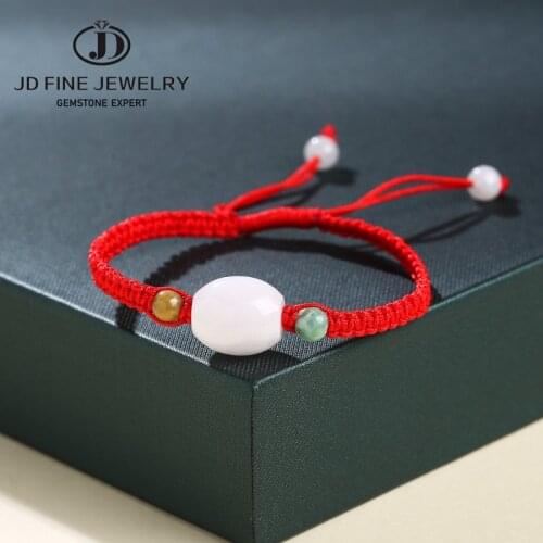 JD Chinese Emerald Bracelet Unisex Handmade Braided Red String Bring Lucky Natural Jade Adjustable Size Bracelet Gifts
