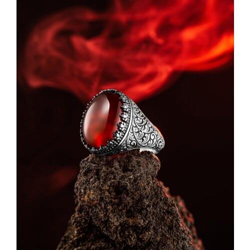 New Authentic Sterling Silver Antique Turkish Oval Red Agate Stone Master Hand Ring Mens Rustic Hallmarked Male Jewelry Gift