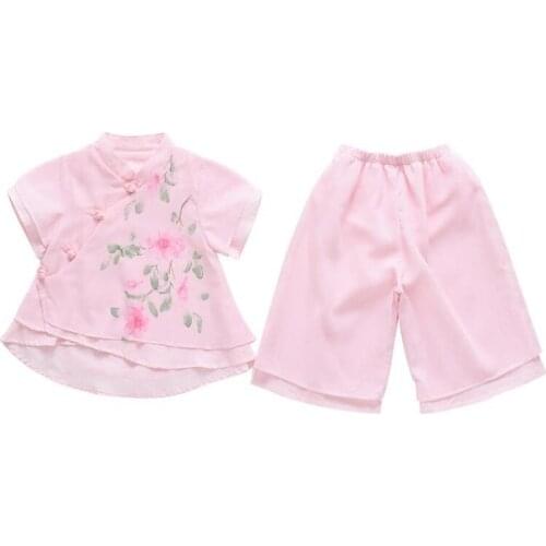 DFXD Summer Toddler Girls Sets New Arrival Short Sleeve Chiffon Floral Tops+ Pants Chinese Hanfu Suit 2-7T Cotton Kids Clothes