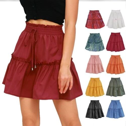 Solid Color Pleated Mini Skirt Womens Expandable High Waist Skirt Summer Style Skirts