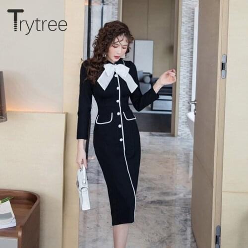 Trytree 2020 Spring Autumn Women Casual Dress Big Bow Collar Single Breasted Pockets Mid-Calf Sheath Shirt Dress Office Lady