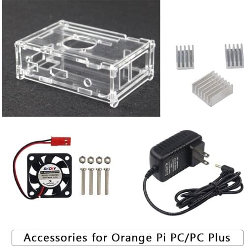 Transparent Acrylic Case for Orange Pi PC + 5V 3A Power Supply Adapter + Aluminum Heat Sink + Fan Compatible Orange Pi PC Plus