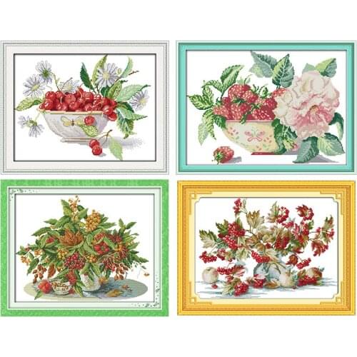 Joy Sunday Red Fruit Cross Stitch Kit Stamped 11CT 14CT White Cloth Printed Cloth Embroidery Needlework Handmade Gift Craft Sets