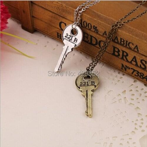 Shelock Holme 221b Apartment Key Necklace Vintage Double-sided Key Pendant Necklace 24pcs/lot
