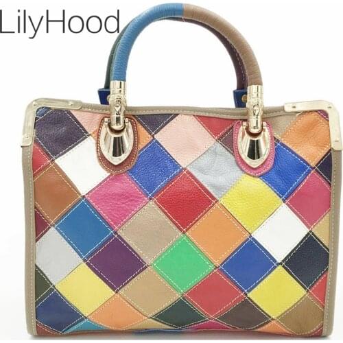 Women Fashion Genuine Leather Multi-color Tote Bag Female High Quality Big Size Capacity Diamond Patchwork Daily Messenger Bag