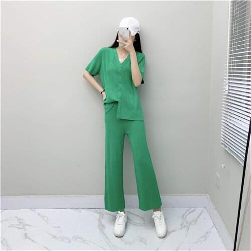Knitted Womens Tracksuit Two Piece Set For Women wild leg Pants Crop Female Sets 2021 Summer Ladies Casual Suits