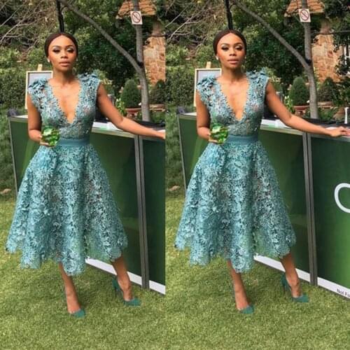 Gorgeous Simple Green Deep V Neck Tea Length Lace Women Evening Dress Wedding Guest Dresses