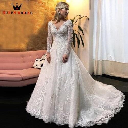 Custom Made Wedding Dress 2021 A-line V-neck Long Sleeve Lace Flowers Appliques Vintage Formal Bride Dress KW34