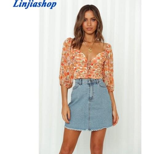 Floral Summer Chic Blouse Shirt Chiffon V-neck Sexy Blouse Tops Lace Tie Up Backless Women Ladies Top Shirt New Arrivals 2021