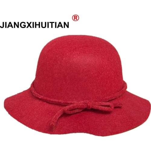 Jiangxihuitian Europe Fall Winter Womens Fedora Caps Vintage Sun Hat For Woman Lady Wide Brim Wool Felt Bow knot Hat