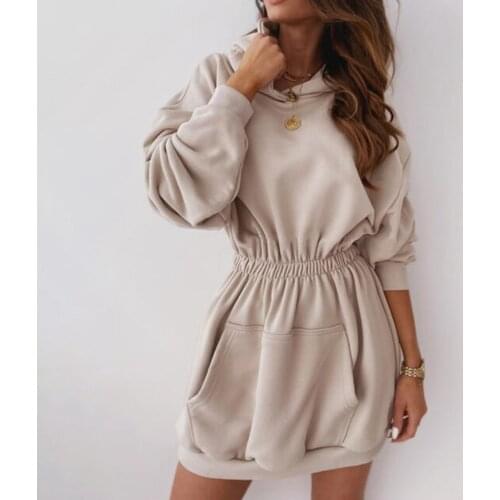2020 New Fashion Hoodie Women Sweatshirt Dress Elastic Waist Solid Long Sleeve Pocket Hooded Pullover Women Jumper Pullover