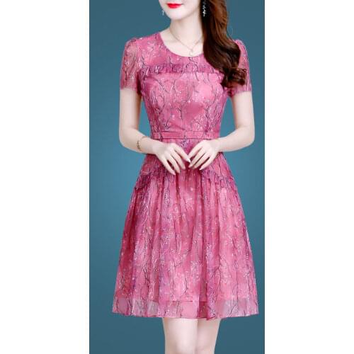Summer Elegant Printed Vintage Short Sleeve Women New Net Yarn Slim Fashionable Foreign Chiffon Cocktail Dresses 9760