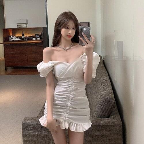 Fashion Slash Neck Puff Sleeve Party White Dress Women Sexy Off Shoulder Low-cut Bodycon Dresses Summer Style Black New Female