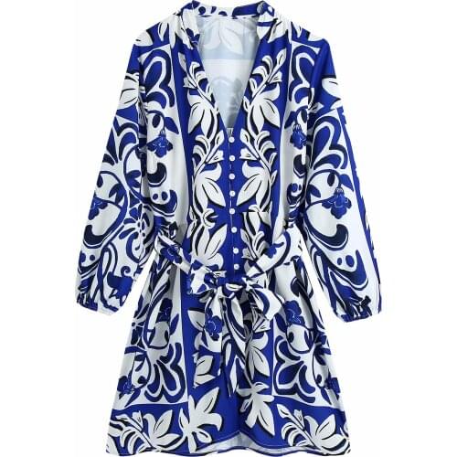 New Vintage Women Printed Shirt Dress with belt Three Quarter Sleeves Chic Lady Vogue Button-up Short Dresses Woman Robe