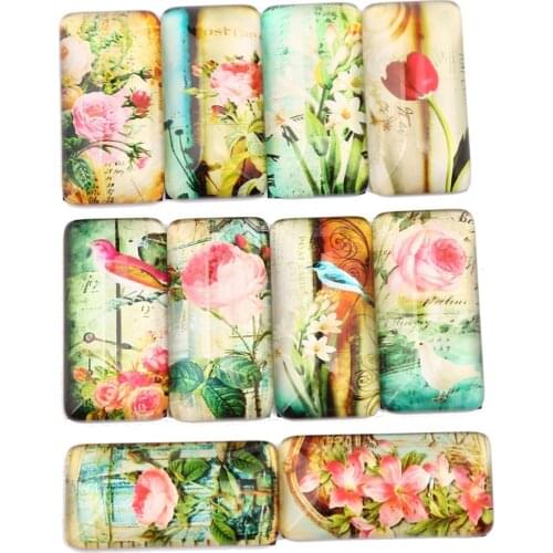 Onwear 10pcs mix bird flower photo rectangle glass cabochon 19x38mm diy flat back handmade jewelry findings for pendants