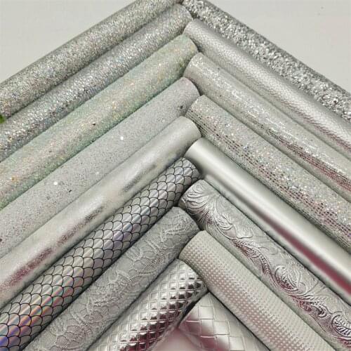16PCS/SET Silver Chunky Glitter Faux Vinyl Fabric Mermaid Lace Plaids Mesh Glitter Leather Sheets For Bows DIY 21X29CM GM3505