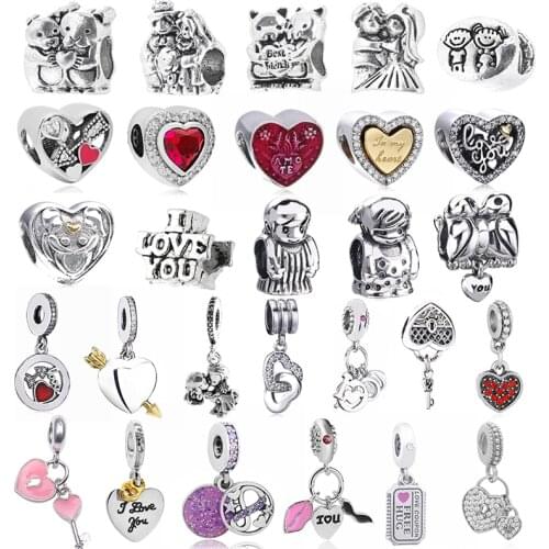 2Pcs/Lot Silver Color Bride Love Heart I LOVE YOU Beads Fit Original Brand Charm Bracelets For Women Jewelry Making 2021 Newest