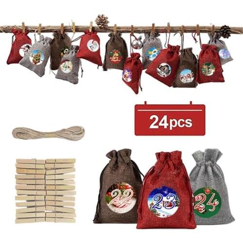 24pcs Christmas Advent Calendar Countdown Bag Hanging Candy Gift Sacks Pouch with Clips Stickers Rope Home Christmas Decoration