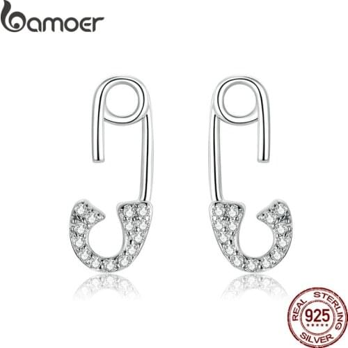Bamoer Silver 925 Love Pin Stud Earrings for Women Clear CZ Design Luxury Wedding Statement Jewelry BSE284
