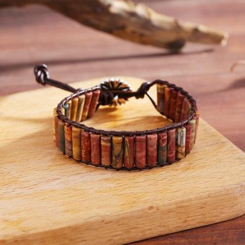 Boho Unisex Real Leather Natural Picasso Stone 1 wrap Bead Adjustable Cuff Bracelet Jewelry for Women Men Girls
