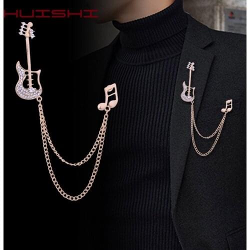 HUISHI Rhinestone Brooch Korean Luxury Rhinestone Music Note Brooch Guitar Tassel Chain Lapel Pins Mens Suit Buckle Pin For Men
