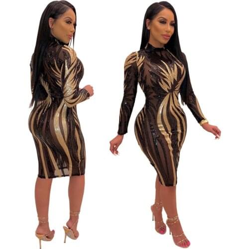 Women Long Sleeve Sequined Bodycon Dress Sexy & Club Shining Sparkly Night Out See Through Spring Fall Party Vestido MH205
