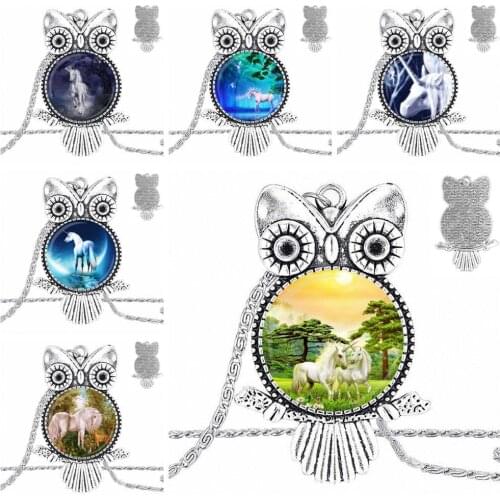 EJ Glaze White Unicorn For Women Men Glass Cabochon Necklace With Women Statement Pendant Owl Necklaces Jewelry