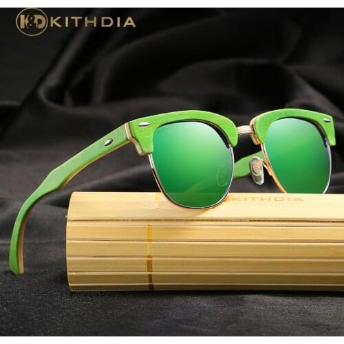 KITHDIA Green Frames Wood Sunglasses HD Polarized Mirror Lens Women Men Brand Design Half Frame Wooden Sunglasses with gift box
